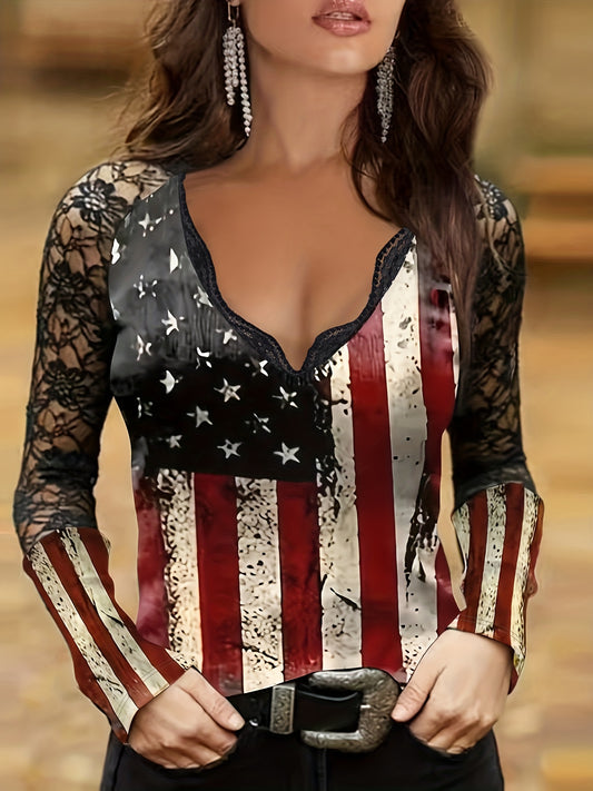 American Flag Print Contrast Lace Top, Casual V Neck Long Sleeve T-Shirt